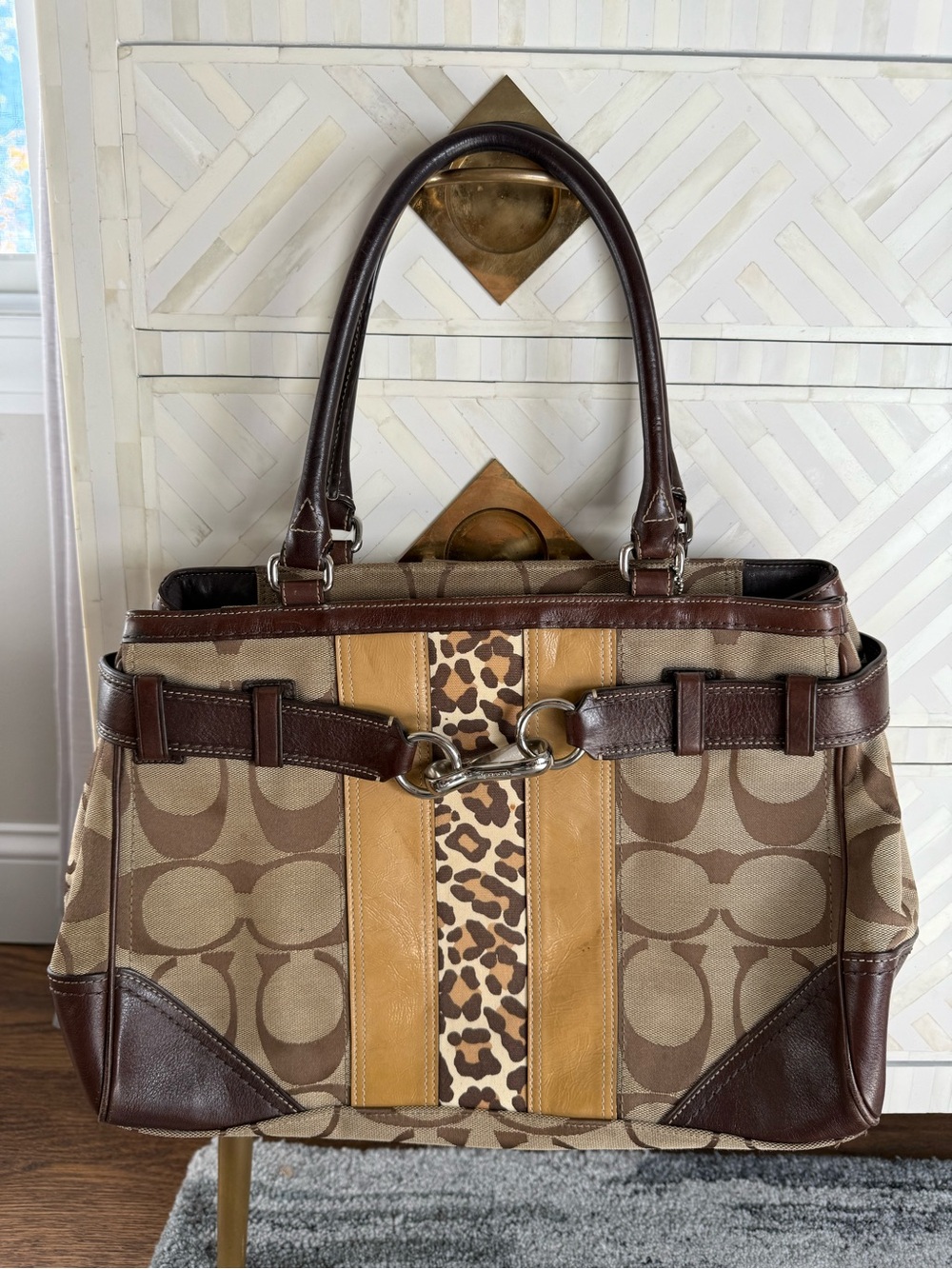 Vintage Coach Brown Signature Canvas Shoulder Tote with Leopard Stripe